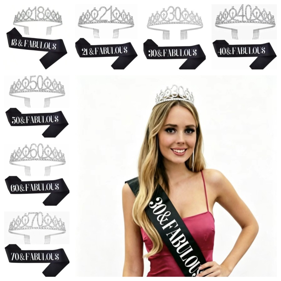 Birthday Sash Glitter - Brokatowa Srebrna Tiara Korona Szarfa Urodzinowa