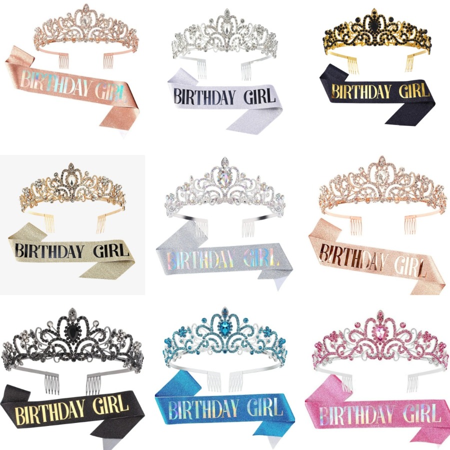 Birthday Sash Glitter - Zestaw 2 sztuk: Korona z kryształkami