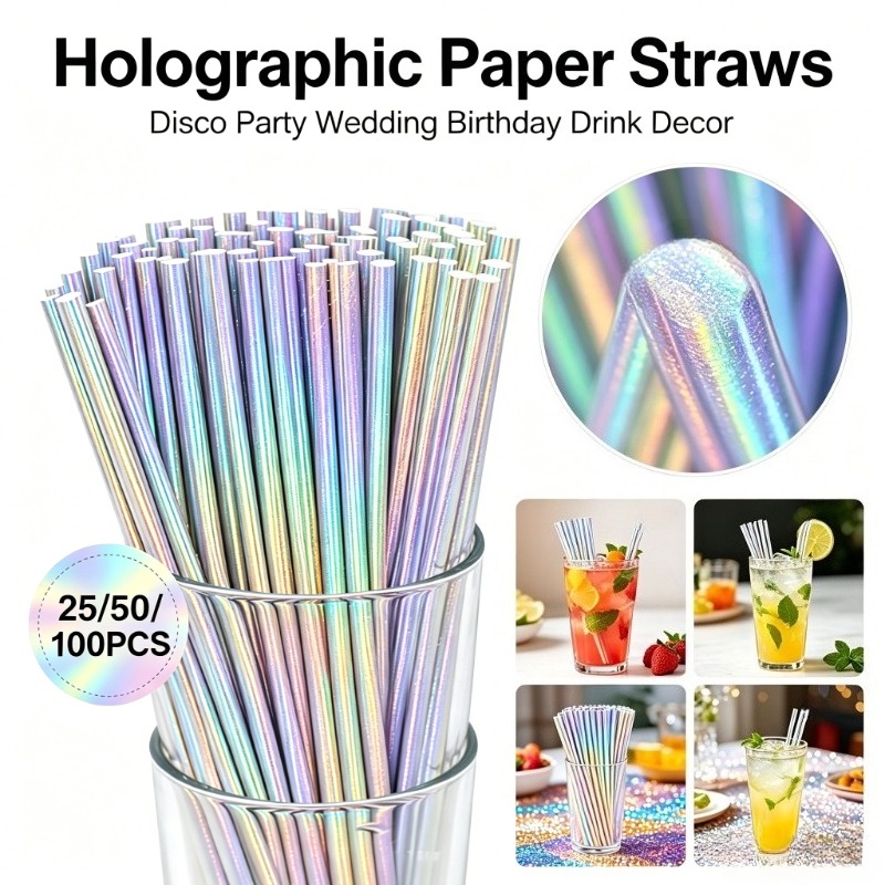 Paper Straw Color - 25/50/100 SZT. Srebrne Laserowe Papierowe Słomki